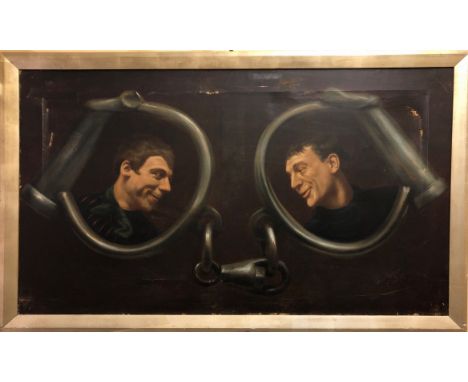 An unusual portrait of two male characters in a pair of handcuffs signed Geo. Lazar, Cardiff, c. 1900 -1920 framed size 104 x