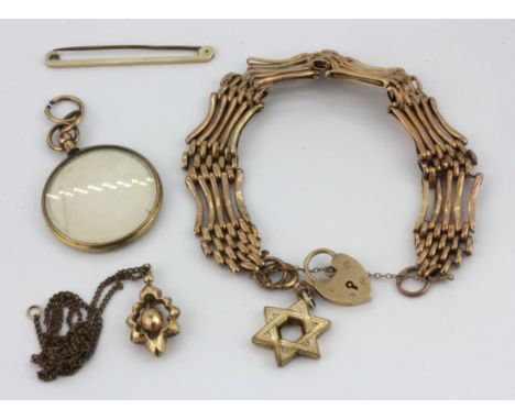 A 9ct yellow gold gate bracelet (A/F) and quantity of 9ct gold, rolled gold and other jewellery, W. 18.5g.&nbsp;
