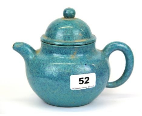 A Chinese Yixing terracotta teapot with robins egg glaze, H. 14cm