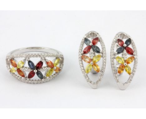 A pair of 925 silver earrings set with marquise cut fancy coloured sapphires, rubies and cubic zirconia, L. 2.2cm and matchin