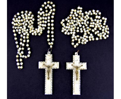 Two First World War carved mother of pearl rosaries, crucifix H. 8cm.