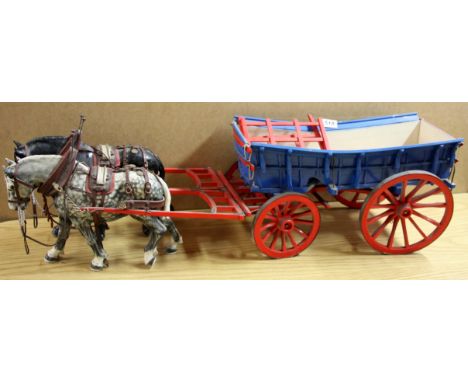 A large wooden model of a hay cart pulled by Lenham pottery, Norwich horses, L. 96cm.