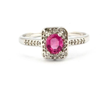 A 9ct white gold cluster ring set with untreated pink sapphires and diamonds, (N).