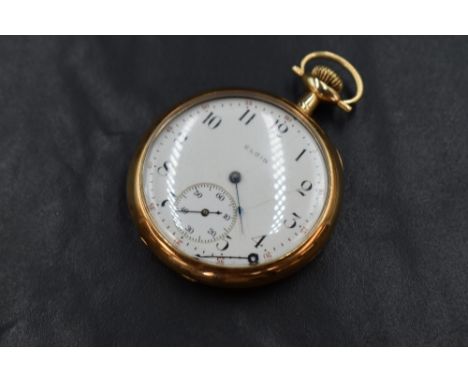 A 14ct gold open face top wound pocket watch, the white dial marked Elgin with Arabic numerals and subsidiary dial, the movem