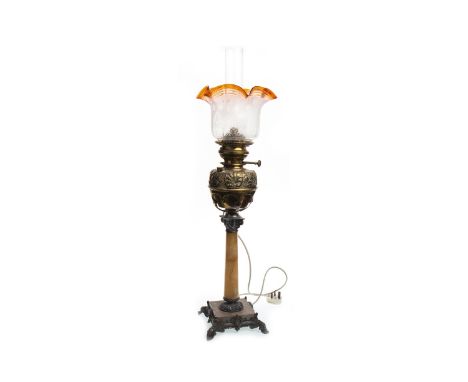 VICTORIAN OIL LAMP, the brass reservoir repousse with foliage above an alabaster and spelter Corinthian column and squareform
