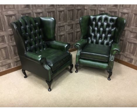PAIR OF GREEN LEATHER WING BACK ARMCHAIRS, with button backs, on cabriole legs, 80cm wide, 103cm high