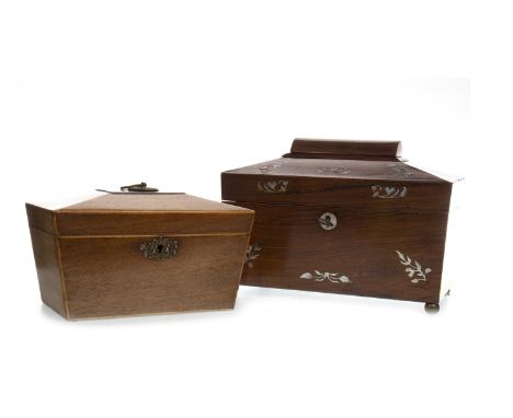 EARLY 20TH CENTURY MOTHER OF PEARL INLAID ROSEWOOD TEA CADDY, 25.5cm wide, along with a stained wood tea caddy (2)