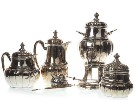 SILVER PLATED FOUR PIECE TEA SERVICE, comprising samovar, tea pot, coffee pot and lided sugar, the samovar 30cm high
