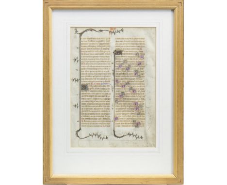 FRAMED DOUBLE SIDED PAGE OF AN ILLUMINATED MANUSCRIPT, the text in gold leaf, red and blue, within gold leaf border with leaf
