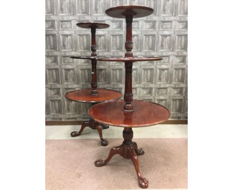 PAIR OF GEORGE III STYLE MAHOGANY DUMB WAITERS, formed with three graduated circular tiers, on tripod supports, 161cm high