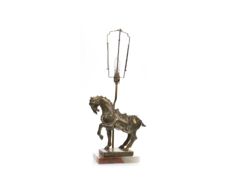 TANG STYLE HORSE TABLE LAMP WITH SHADE, with an alabaster base, the horse 30cm long