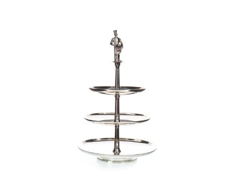 SILVER PLATED THREE TIER SWEETS STAND BY ORFE, the finial modelled as a chef, 30cm high