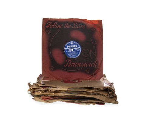 VINTAGE WOOD TABLE TOP GRAMOPHONE, with glass panelled sides and fluted horn, along with a small collection of records