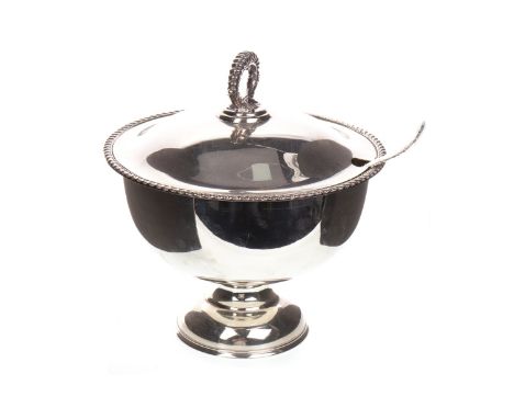 SILVER PLATED SOUP CIRCULAR TUREEN WITH LADLE, with gardooned handle and rim, 16.5cm diameter