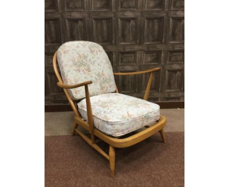 THREE ERCOL WINDSOR STYLE ARMCHAIRS, with railed backs