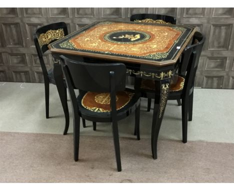 20TH CENTURY LACQUERED GAMES TABLE, with chess, backgammon and roulette boards, above a roulette wheel, 93cm wide, along with