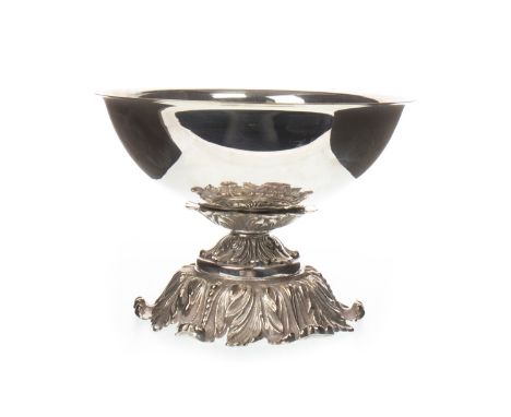 SILVER PLATED CIRCULAR COMPORT BY CHRISTIAN DIOR, with acanthus leaf decorated base, 21cm diameter