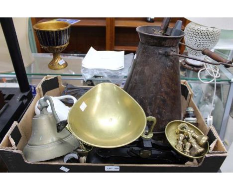 Kitchen scales, trivets, iron, measure brass tags, vessel, bell, etc.