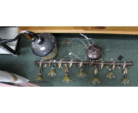 A highly decorative hanging modern light, together with an outdoor lantern