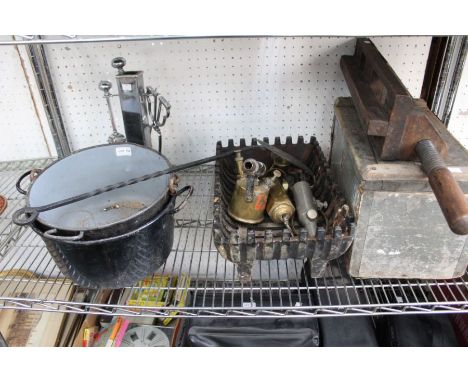 A grate &amp; fireside items, burner, two pans, etc