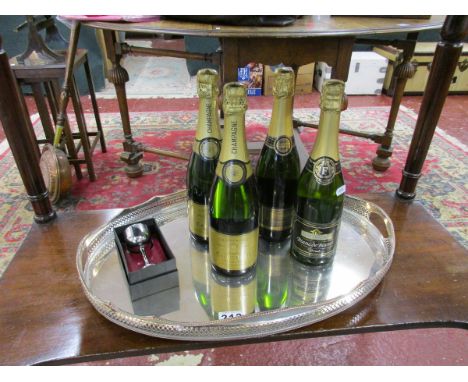 Silver plated tray, small chalice and 4 bottles of sparkling wine to include 2 Champagne