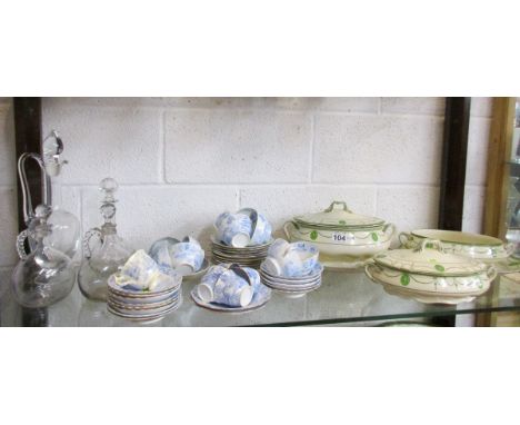 Shelf of china and glass to include Royal Doulton and decanters