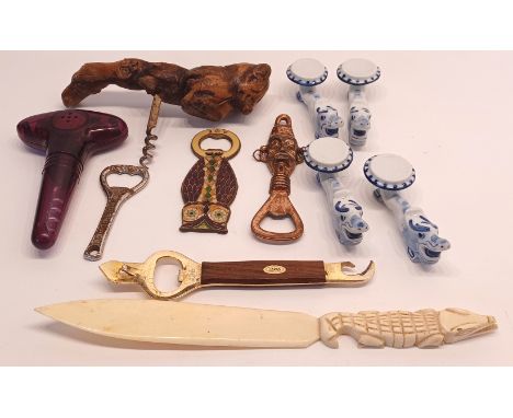 VINTAGE CORK SCREWS, BOTTLE OPENERS, LETTER OPENER, KNIFE RESTS