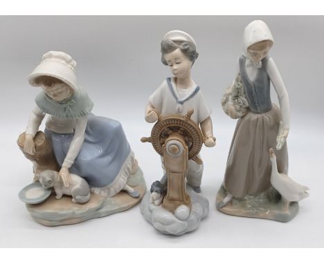 3 NAO - GIRL FEEDING MILK TO A CAT, SAILOR BOY &amp; GIRL WITH GOOSE TALLEST 24cm
