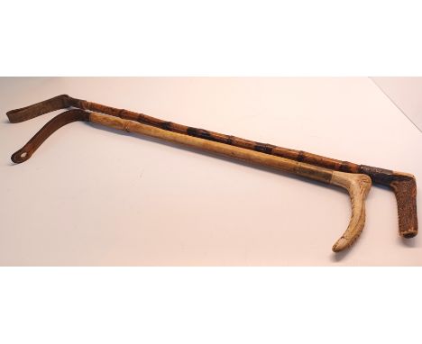 2 EQUESTRIAN RIDING CROPS - SILVER COLLARED ANTLER HANDLED AND BAMBOO CANE INSCRIBED "TO JC FROM J H H 6TH APRIL 1893", AND H