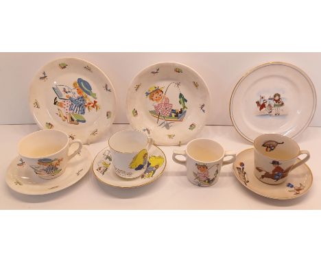 4 SETS OF CHILDRENS NURSERY CUPS AND SAUCERS INC. PRUSZKOW, WELLINGTON LITTLE BOY BLUE ETC.