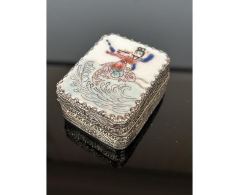 Oriental ceramic top low grade silver box 