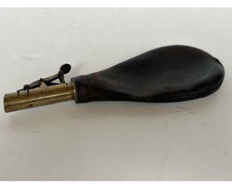 Old leather & brass powder flask 