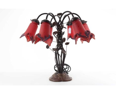 IN THE MANNER OF TIFFANY, ART NOUVEAU STYLE BRONZED METAL TABLE LAMP, CONTEMPORARY modelled naturalistically with four opaque