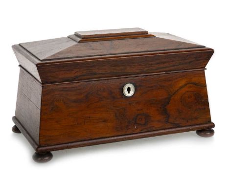 VICTORIAN ROSEWOOD TEA CADDY, LATE 19TH CENTURY of sarcophagus form, the rectangular lid opening to reveal a fitted interior,