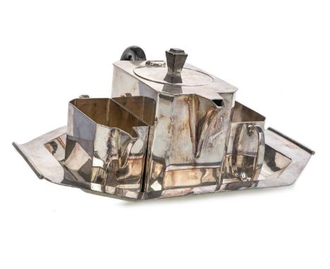 MODERNIST SILVER PLATED TEA SERVICE, EARLY TO MID-20TH CENTURY comprising a teapot, sugar bowl and cream jug on tray, each of