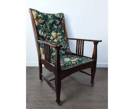 PAIR OF ARTS & CRAFTS ARMCHAIRS, CIRCA 1900  with curved backrest, swept armrests, on tapered square section supports united 