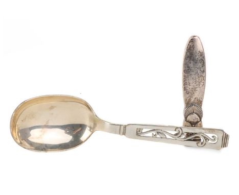 DANISH SILVER SERVING SPOON, ALONG WITH A DANISH SILVER UTENSIL HANDLE the spoon with pierced scroll design (2)the spoon 22.5