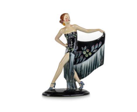 IN THE MANNER OF GOLDSCHEIDER, ART DECO FIGURE OF A DANCER, 1920-40 on oval base, indistinct red overglaze mark and impressed