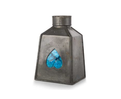 OSIRIS, ARTS & CRAFTS PEWTER CADDY, 1900-10 of tapered oblong form with oval cover, with single enamel heart motif, stamped m