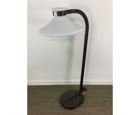 JAN EKSELIUS FOR ORREFORS, FLOOR LAMP, CIRCA 1970-79 with opaque glass shade over curved stained wood column support and curv