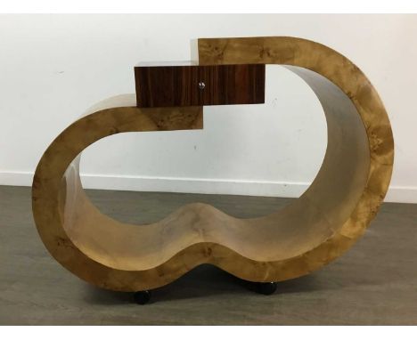 ART DECO STYLE MAPLE AND COROMANDEL CONSOLE TABLE, CONTEMPORARY formed of two c shaped sections, between a single coromandel 