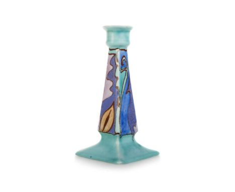 CLARICE CLIFF FOR NEWPORT POTTERY, PERSIAN PATTERN CANDLESTICK 1930-39 with urn form nozzle over a tapered square section col