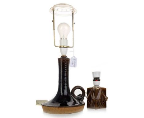 AXELLA OF DENMARK, STUDIO POTTERY TABLE LAMP, 1970-79 in the form of a chamberstick, along with a brown glazed table lamp, an