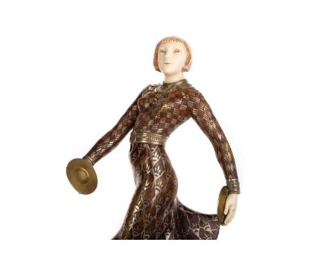 ART DECO COLD PAINTED BRONZE AND IVORY FIGURE OF A DANCER, EARLY 20TH CENTURY  modelled on one foot, holding cymbals, on step