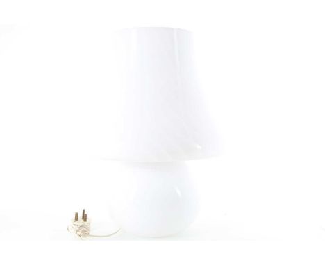 ATTRIBUTED TO VENINI, OPAQUE GLASS MUSHROOM TABLE LAMP. 1970-79 with tapered shade over an ovoid body, swirl decoration, wire