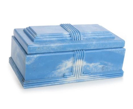 BRITISH BUTTNER PIPE CO. LTD., ART DECO BAKELITE CIGAR BOX, 1920-40 of stepped oblong form with reeded decoration, in sky blu