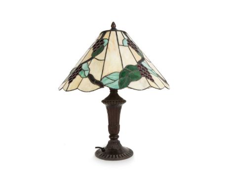 TIFANNY STYLE TABLE LAMP, CONTEMPORARY with leaded stained glass shade, with tapered column support to a circular base52cm hi
