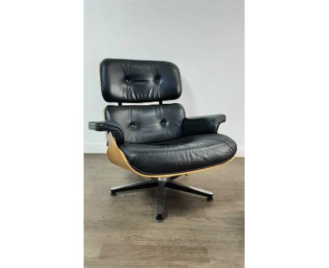 AFTER CHARLES & RAY EAMES, MODEL 670-STYLE LOUNGE CHAIR AND OTTOMAN, CONTEMPORARY each upholstered in button back black leath