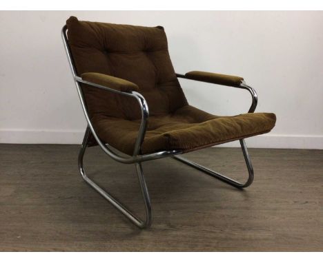 ATTRIBUTED TO PETER HOYTE, PAIR OF 'SLING' LOUNGE CHAIRS, 1970-79 each with button back corduroy upholstered seat and armrest