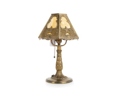 BRADLEY & HUBBARD, BRASS AND SLAG GLASS TABLE LAMP, 1910-30 the tapered square shade with maker's mark to interior, over acan